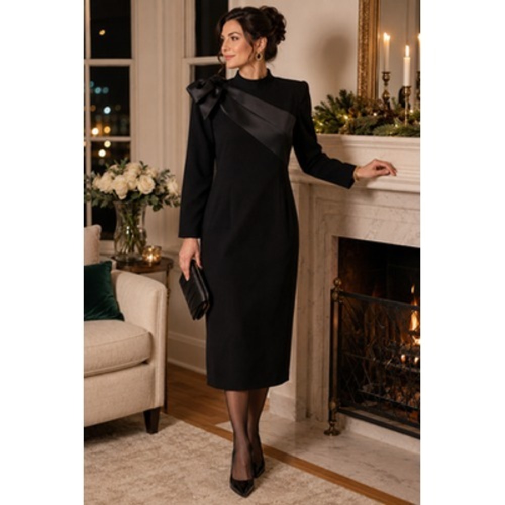 Vintage Henry‎ Lee Dress Womens 14 Black Asymmetric Bow 3/4 Sleeve Sheath Midi